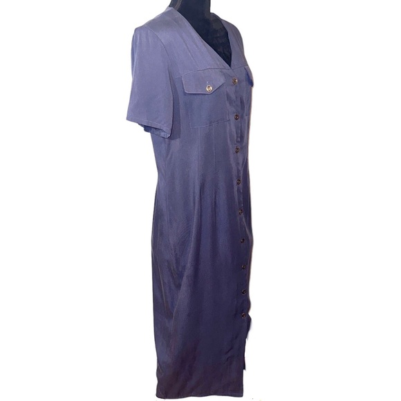 Vintage Halston Size 14 Tencel Pleated Shirtdress Dusty Blue Midi Length - Picture 2 of 9